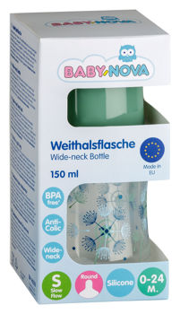 ”Baby-Nova” Biberon din silicon cu gât larg, 150 ml, 0 - 24 luni, debit lent, fără BPA, cu tetină suplimentară, 1 buc 