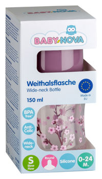 ”Baby-Nova” Biberon din silicon cu gât larg, 150 ml, 0 - 24 luni, debit lent, fără BPA, cu tetină suplimentară, 1 buc 