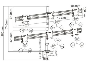 Table/desk stand for 6 monitors Reflecta PLANO Desk 23-1010S, 13"-23 ", 75x75, 100x100, 8kg/bracket. 