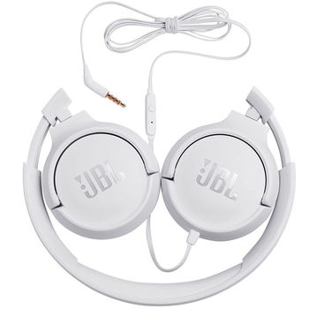 JBL TUNE 500 White On-ear Headset with microphone, Dynamic driver 32 mm, Frequency response 20 Hz-20 kHz, 1-button remote with microphone, JBL Pure Bass sound, Tangle-free flat cable, 3.5 mm jack, White JBLT500WHT