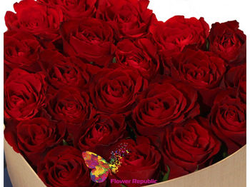 25 красных роз в коробке в форме сердца 