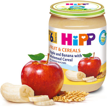 Piure de mere, banane cu cereale integrale Hipp (6 luni+), 190g 