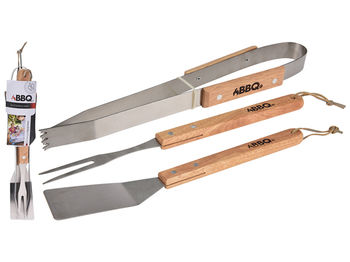 Instrumente pentru gratar BBQ 3unit (lopata, furculita, cleste) maner din lemn 