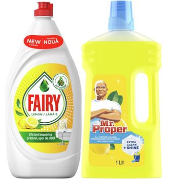Detergent pentru vase Fairy Lemon, 1.3L + Mr. Proper Lemon, 1L 
