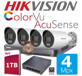 Комплект из 4 камер Hikvision Acusense Color Vu 4 Мп 