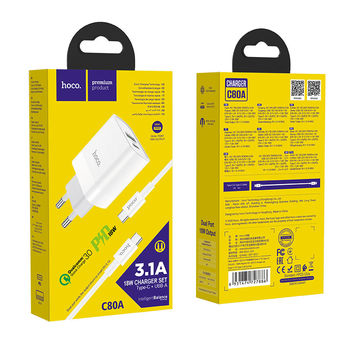 Incarcator de retea Hoco C80A 20W Rapido + Cablu Type-C to Type-C (PD + QC3.0) [White] 