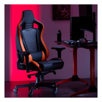 Scaun gaming Lumi Premium Gaming Chair CH06-34 with Headrest & Lumbar Support CH06-34, Black/Orange, PVC Leather, 4D Armrest, Steel Frame, 350mm Nylon Plastic Base, PU Caster, 80mm Class 4 Gas Lift, Weight Capacity 180 Kg