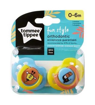 Suzetă ortodontică de zi din silicon Fun Tommee Tippee (0-6 luni), girafă/pasăre, 2 buc. 