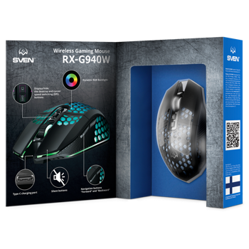 Wireless Gaming Mouse SVEN RX-G940W, 800-3600 dpi, 7 buttons, Silent, RGB, 600mAh, 98g.,Black 