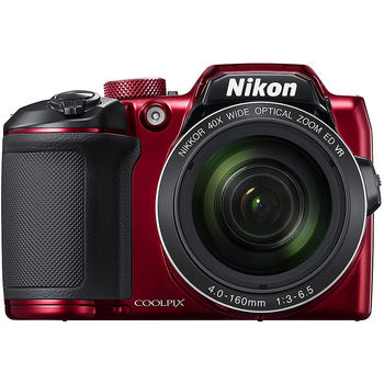 NIKON Coolpix B500 Red, 16.0 MP 1/2.3" BSI CMOS Sensor, NIKKOR f/3.0-6.5mm ED Lens, 22.5-900mm (35mm Equivalent), 40x Optical Zoom Lens, 80x Dynamic Zoom, 3" 921k-Dot Tilting LCD, Full HD 1080p Video Recording at 30 fps, Bluetooth (BLE), Wi-Fi, VNA953E1