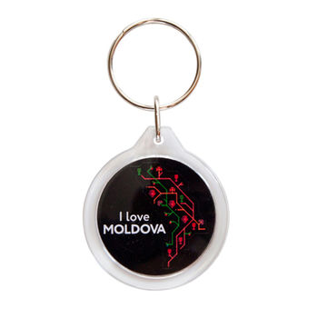 Брелок круглый пластиковый – I love Moldova (black) 