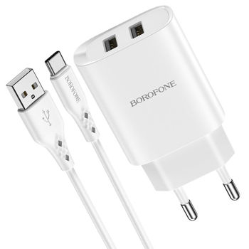 Borofone Wall Charger 2xUSB 2.1A with Type-C Сable BN2 (EU), White 