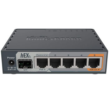 Mikrotik Router hEX S (RB760iGS), Dual core 880 Mhz CPU, 256MB RAM, 5xGbit LAN, 1xSFP port, PoE-in, 1x PoE-out port, RouterOS L4, USB, microSD