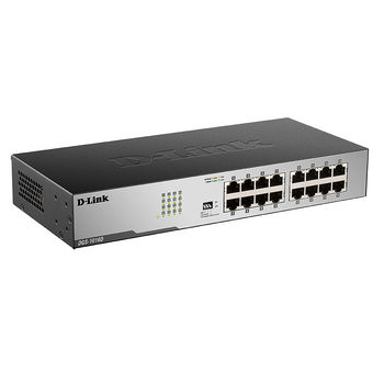 D-Link DGS-1016D/I1A Layer 2 unmanaged Gigabit Switch, 16 x 10/100/1000 Mbps Ethernet ports, Green Ethernet Metal case. External Power Supply + 19“ Rackmount kit included.