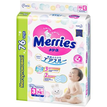 Подгузники Merries M (6-11 кг), 76 шт. 