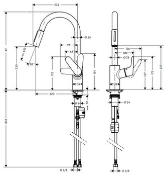 Focus M41 Baterie de bucătărie, 240, cu duș extensibil, 2 jet 