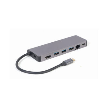 Gembird A-CM-COMBO5-05, USB Type-C 5-in-1 multi-port adapter (Hub + HDMI + PD + card reader + LAN), 3-port USB 3.1 Gen 1 (5 Gbps) hub, 4K HDMI, Gigabit LAN port, SD card reader and 100 W USB Type-C Power Delivery port, durable premium style metal housin