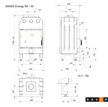 Каминная топка SAVEN Energy 60x50 Black (14,5 кВт) ECO - с прямым стеклом 