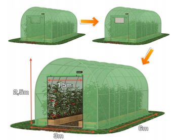 Туннельная садовая теплица 6х3х2.5 м, площадь 18 кв.м, армированная пленка, 2 двери, зеленый цвет 