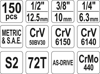 купить YT-38811 ПРОФЕССИОНАЛЬНЫЙ НАБОР ИНСТРУМЕНТОВ YATO 1/4 ", 3/8", I 1/2 "KPL 150 шт в Кишинёве 