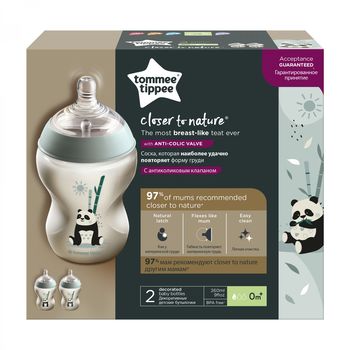 Biberon decorat cu panda Tommee Tippee (0+ luni)l, 260ml, 2 buc. 