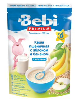 Каша молочная пшеничная Bebi Premium с яблоком и бананом (6+ мес.), 200 г 