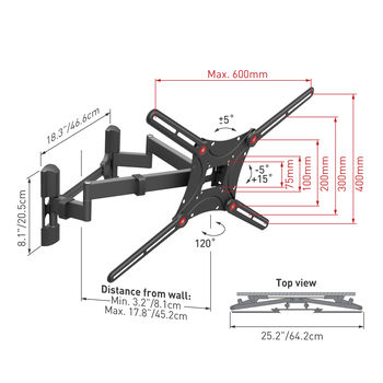 Wall Mount Barkan ''BM464L'' Black 13"-90" Full Motion, max.60kg, VESA mm: up to 600x400mm 