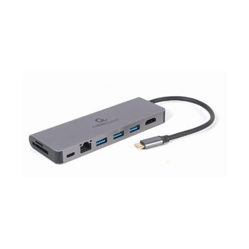 Gembird A-CM-COMBO5-05, USB Type-C 5-in-1 multi-port adapter (Hub + HDMI + PD + card reader + LAN), 3-port USB 3.1 Gen 1 (5 Gbps) hub, 4K HDMI, Gigabit LAN port, SD card reader and 100 W USB Type-C Power Delivery port, durable premium style metal housin