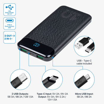 Power Bank Rivacase 10000 mAh QC 3.0/PD 20W, VA2540, Black 