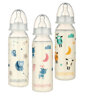 "Baby-Nova" Силиконовая бутылочка со стандартным горлышком "Спокойной ночи", 0-24 мес, 240мл., средний поток, без BPA, 1 шт 