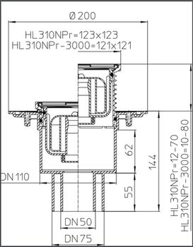 купить Трап внутренний вертикальный ПП D. 50/75/110 (сухой) (123 x 123 мм, нерж. реш.) HL310NPr  HL в Кишинёве 