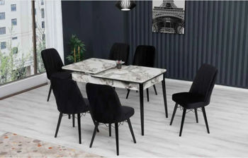 Set Masa extensibilă MDF2 Marmura + 6 scaune Gold velour negru 