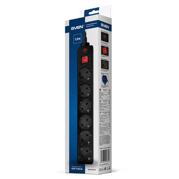 Surge Protector   6 Sockets,  3.0m,  Sven Optima, BLACK, Retail color box, flame-retardant 