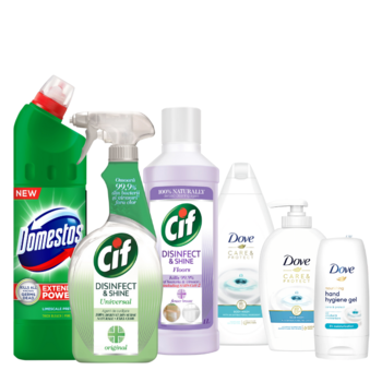 Комплект "0 бактерий" (Domestos Pine Fresh, 1л + Cif Spray Desinfectant, 750мл + Cif Floor, 1л + Dove Care&Protect, 500мл + Hand Hygiene, 50мл  + Hand Wash, 250мл) 