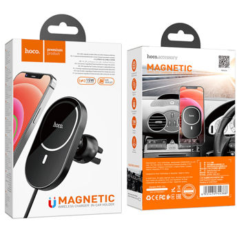 Kit Incarcator Auto Hoco CA90 Powerful magnetic wireless charging car holder 15W Black 