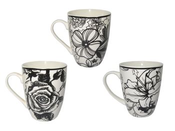 Чашка 330ml, конус,"цветы", черно-белая, керамика 