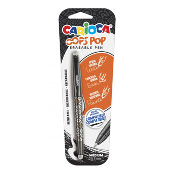 Ручка шариковая стираемая Carioca Oops Pop черная с 2 резинками, 0.7mm, блистер 