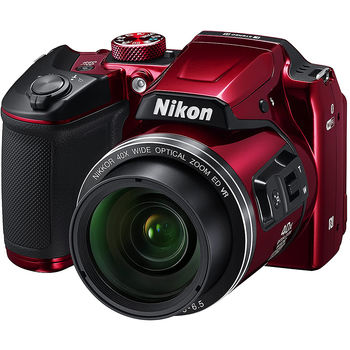 NIKON Coolpix B500 Red, 16.0 MP 1/2.3" BSI CMOS Sensor, NIKKOR f/3.0-6.5mm ED Lens, 22.5-900mm (35mm Equivalent), 40x Optical Zoom Lens, 80x Dynamic Zoom, 3" 921k-Dot Tilting LCD, Full HD 1080p Video Recording at 30 fps, Bluetooth (BLE), Wi-Fi, VNA953E1