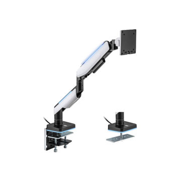 Крепление мониторов Brateck LDT61-C012L Heavy-Duty RGB Lighting Gaming Monitor Arm, for 1 monitor, Clamp-on, 17"-49", Tilt Range +50° ~ -20°; Swivel Range +90° ~ -90°; Screeen Rotation 360°, VESA: 75x75, 100x100, Arm Extend: 458mm, Weight Capacity per screen 20 Kg (Усиленный кронштейн для игрового монитора с RGB-подсветкой, для 1 монитора, зажимной)