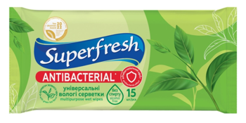Салфетки влажные антибактериальные SuperFresh со вкусом зеленого чая, 15 шт. 