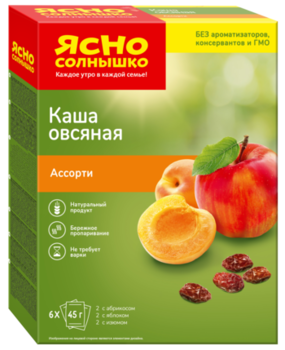 Каша овсяная Ясно Cолнышко Ассорти с абрикосом, яблоком, изюмом, 270 г 