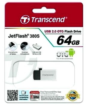 64GB USB2.0/Micro-USB Flash Drive Transcend "JetFlash 380", Silver, Metal Case,OTG (R/W:20/10MB/s) 
