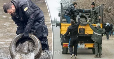 Peste 400 de anvelope uzate au fost scoase din râul Bâc