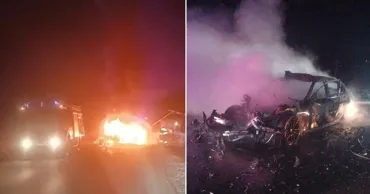 O mașină, mistuită de flăcări după ce a intrat într-un tractor la Călărași