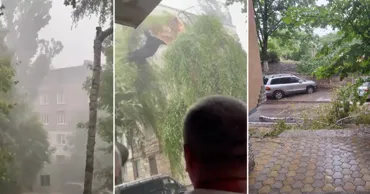 Furtună puternică în Chișinău: Momentul în care un copac cade peste o mașină