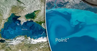 Satelitul NASA a surprins vârtejuri uriașe de culoare turcoaz în Marea Neagră
