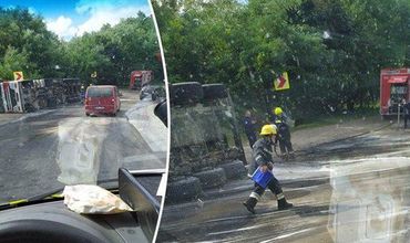 В Хынчештах перевернулся грузовик с дизельным топливом.