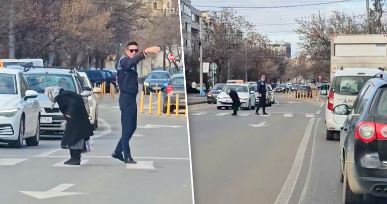 В Румынии полицейский прервал автоэкзамен, чтобы перевести старушку через дорогу.