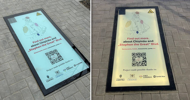 В центре Кишинева появилось новое информационное табло с QR-кодом. Коллаж: Point.md