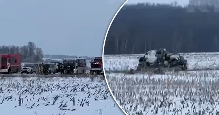 Появились первые видео с места падения Ил-76 в Белгородской области.